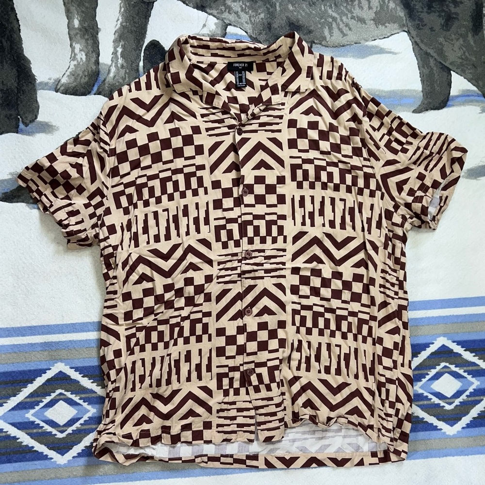 Mens Button Up Short Sleeve Japanese/Cuban/Hawaiian Geometric Shirt Size XXL